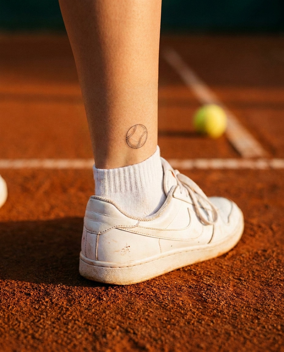 Feines Fine-Line-Tattoo eines Tennisballs am Knöchel, darunter eine weiße Tennissocke auf dem Sandplatz